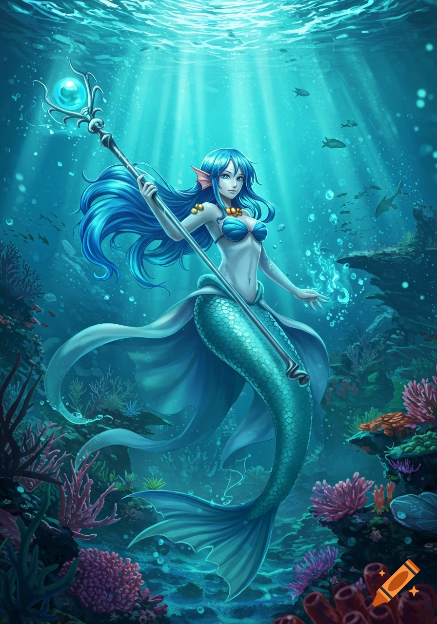 Anime fantasy illustration of a blue-haired mermaid holding a glowing staff underwater amidst coral reefs and fish.