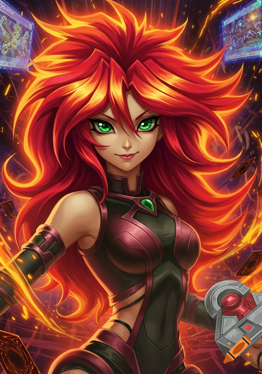 A vibrant anime character with fiery red hair and bright green eyes, wearing a dark outfit, surrounded by a glowing aura and floating cards.