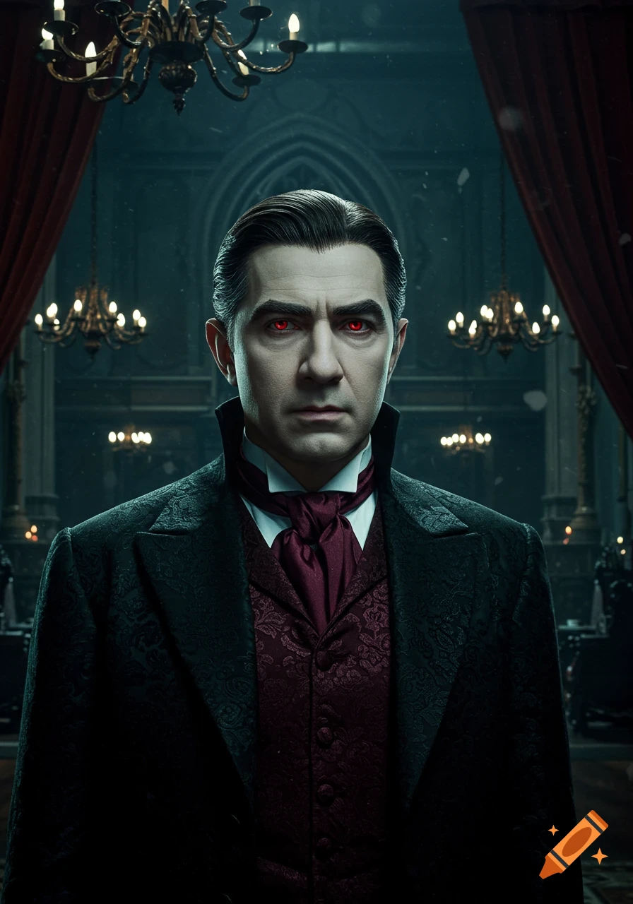 A photorealistic portrait of a pale man with red eyes, resembling Dracula, in a dark suit with a red cravat, standing in a gothic hall.