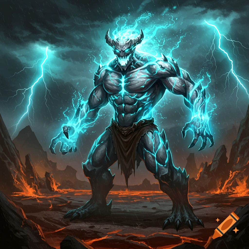 A powerful elemental monster made of rock and glowing blue energy stands in a volcanic landscape under a stormy, lightning-filled sky.