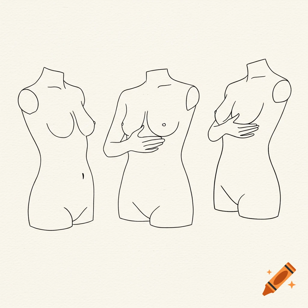 Three minimalist line art drawings of headless female torsos with varying breast poses on a light background.