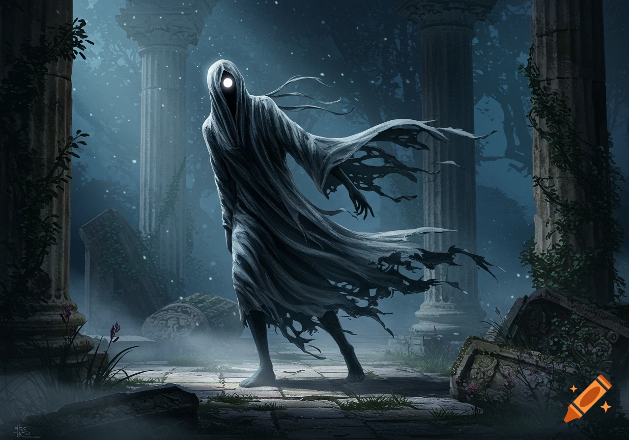 A ghostly figure in flowing tattered robes with a single glowing eye stands in a misty, ruined forest with ancient columns, digital painting.