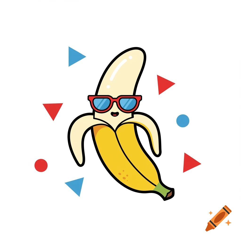 A cartoon banana wearing red sunglasses with a peeled top, surrounded by red and blue geometric shapes on a white background.