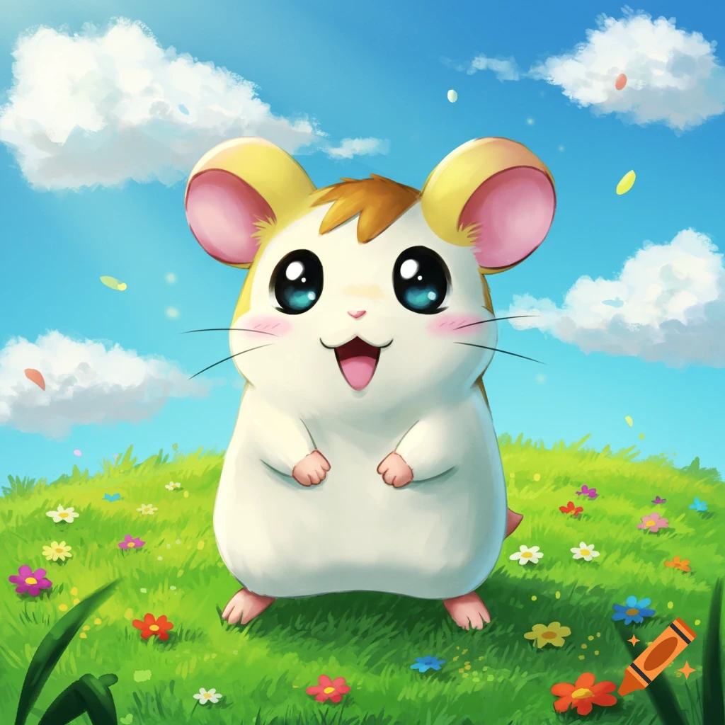 A cute, cartoon Hamtaro with big blue eyes and a wide smile stands in a vibrant green field under a bright blue sky with clouds.
