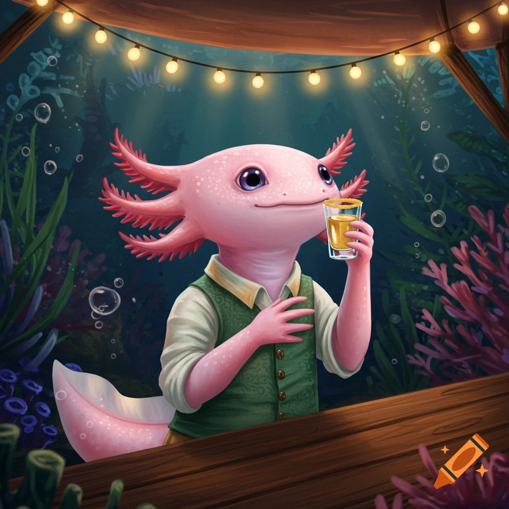 A pink anthropomorphic axolotl wearing a vest drinks from a small glass at a wooden bar, surrounded by underwater plants and string lights.