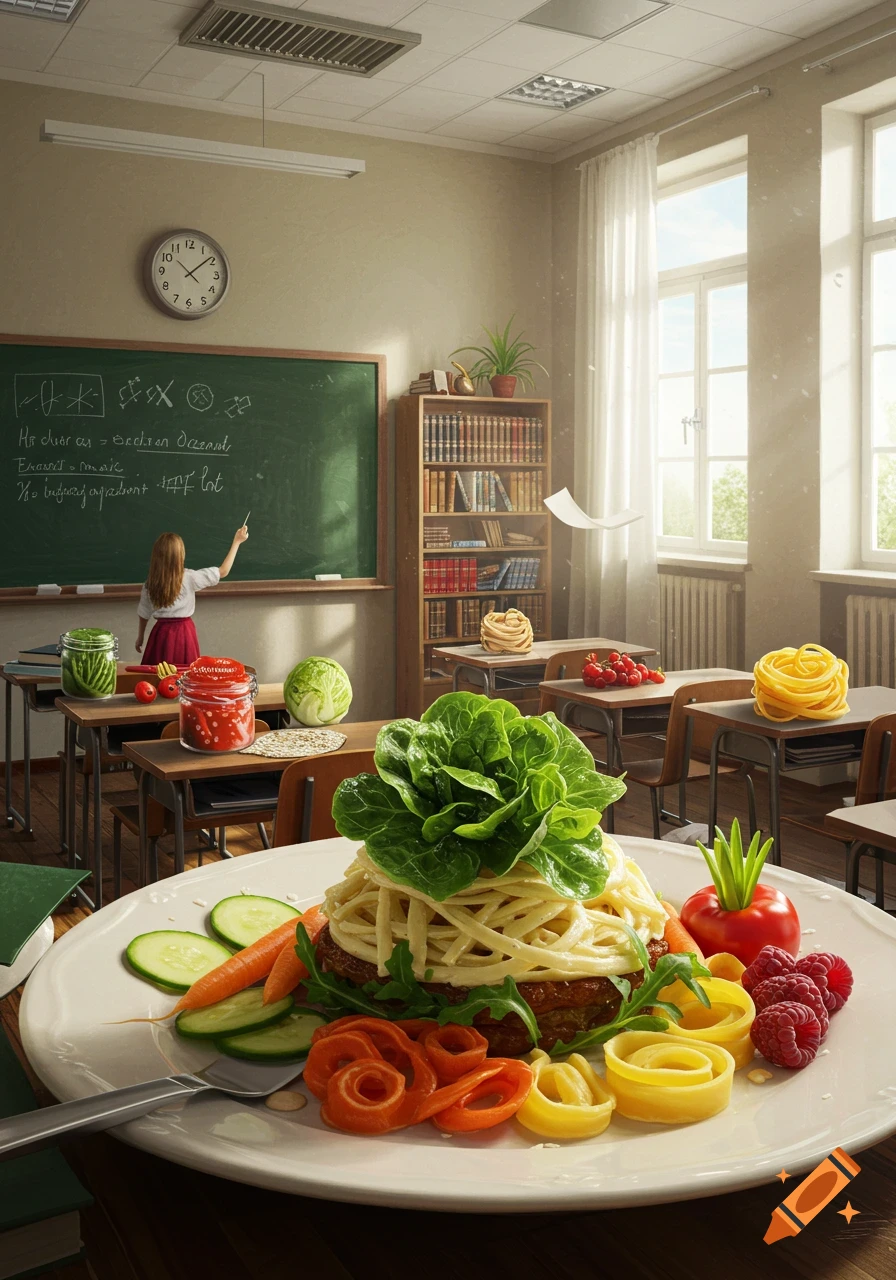 A large dish of food, including a burger, pasta, lettuce, and vegetables, in the foreground of a classroom where a student points at a blackboard.