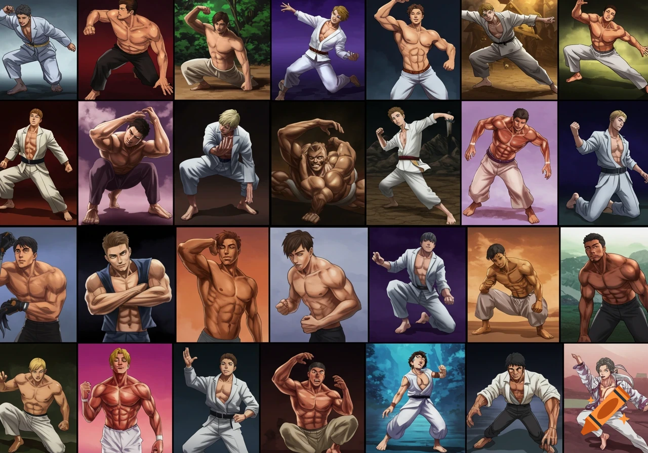 A grid of 25 anime-style male characters in various martial arts poses.