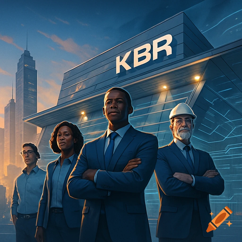 Diverse business professionals stand in front of a modern KBR building at sunset, with city skyscrapers in the background. Photorealistic.
