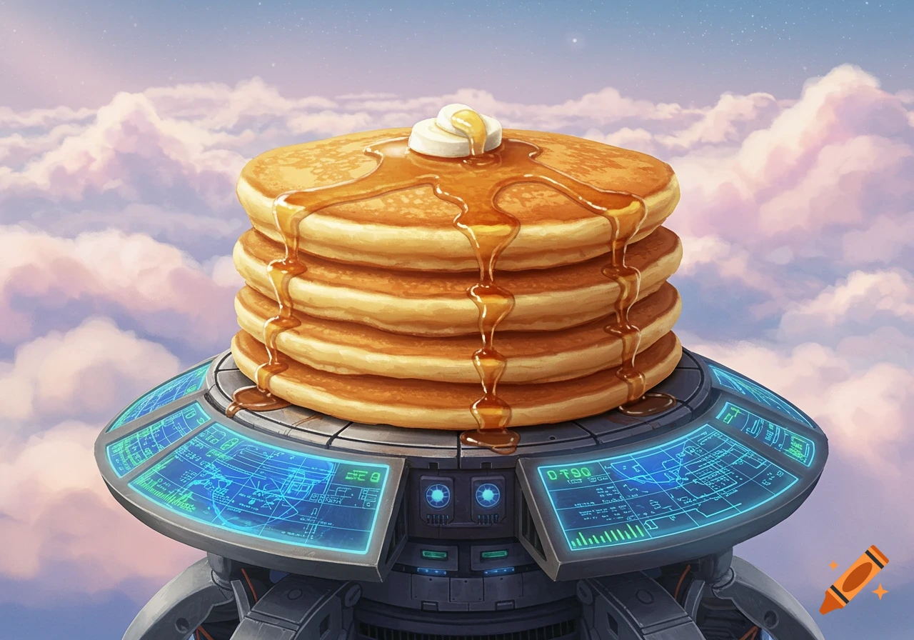A stack of golden pancakes with melting butter and syrup sits atop a futuristic radar dish, floating high above clouds in a blue sky.