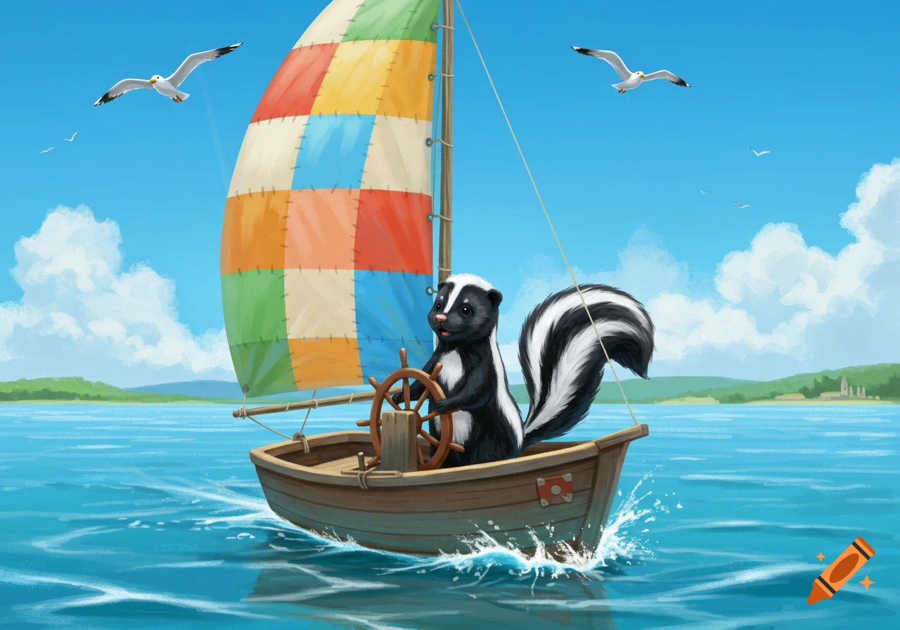 An illustrated skunk sails a boat with a colorful patchwork sail on a blue lake with seagulls flying overhead.