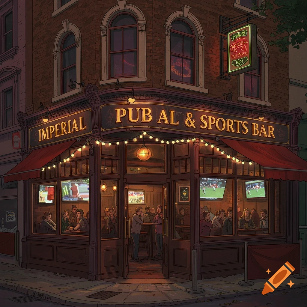 An illustrated street view of a lively Imperial Pub & Sports Bar building at dusk, with glowing signs and patrons inside.