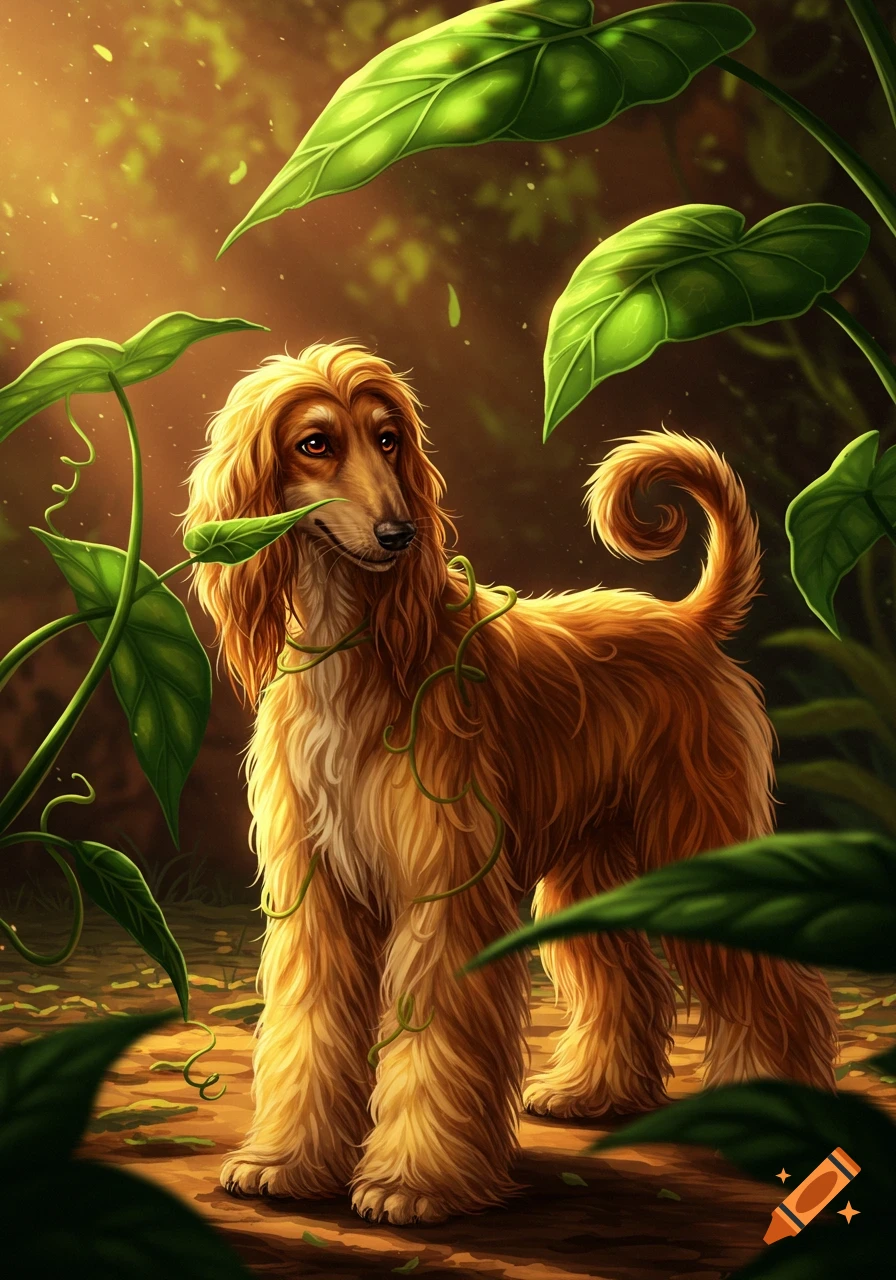 An Afghan Hound dog with long blonde fur stands in a lush, green jungle with large leaves and vines.