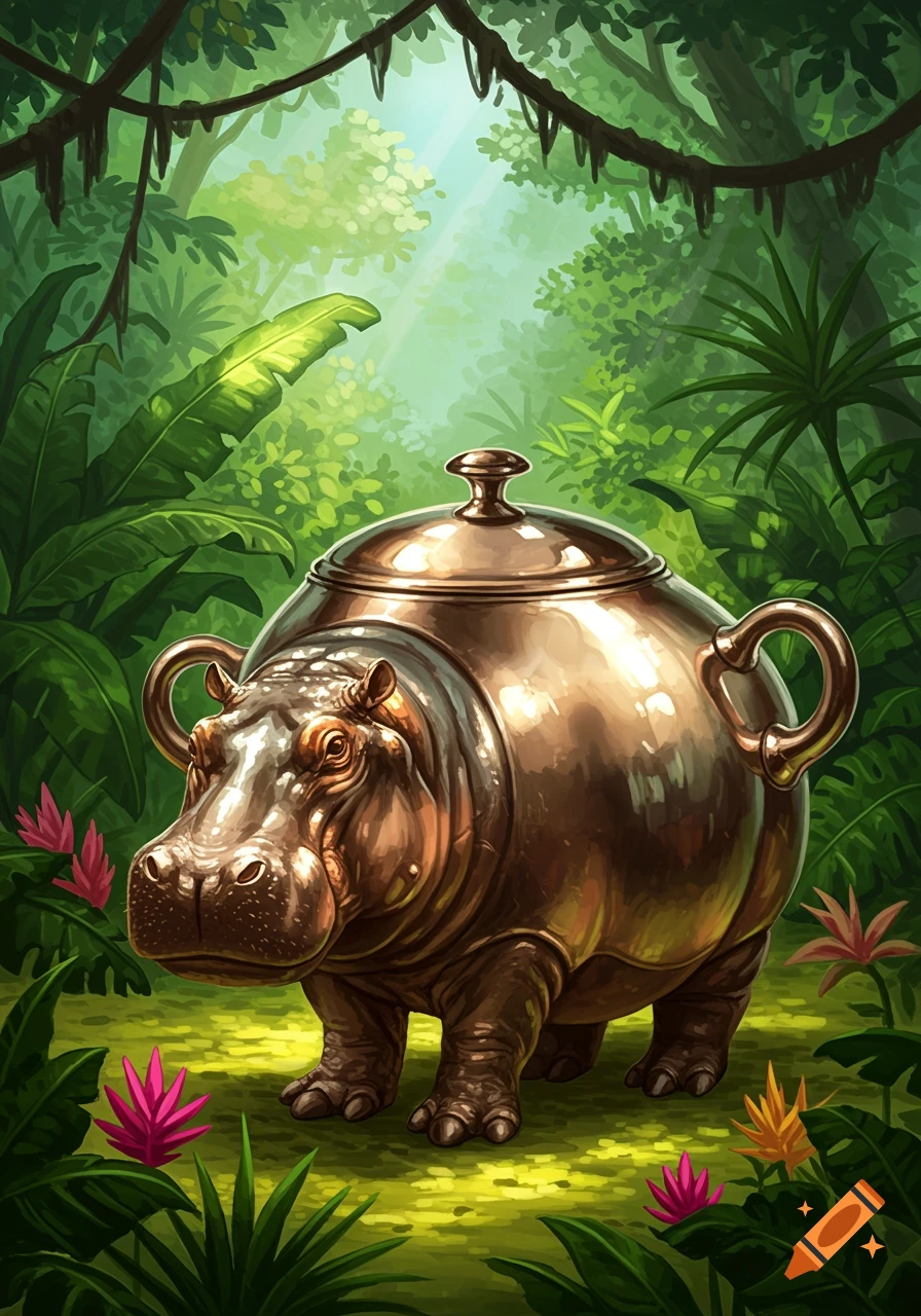 A detailed illustration of a hippo with its body shaped like a shiny copper cooking pot, standing in a lush, sunlit jungle.