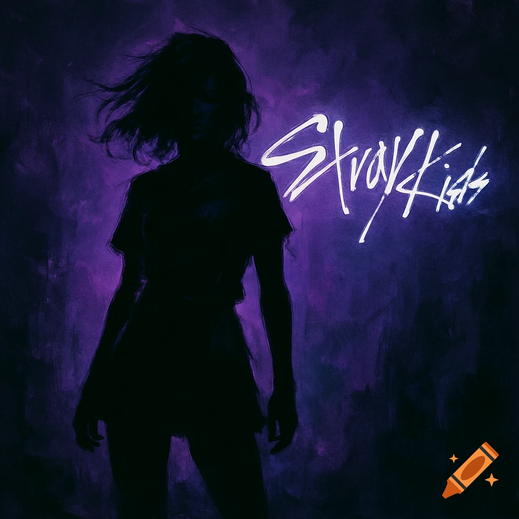 A dark purple album cover with a black silhouette of a person on the left and glowing white text 'Stray Kids' on the right.