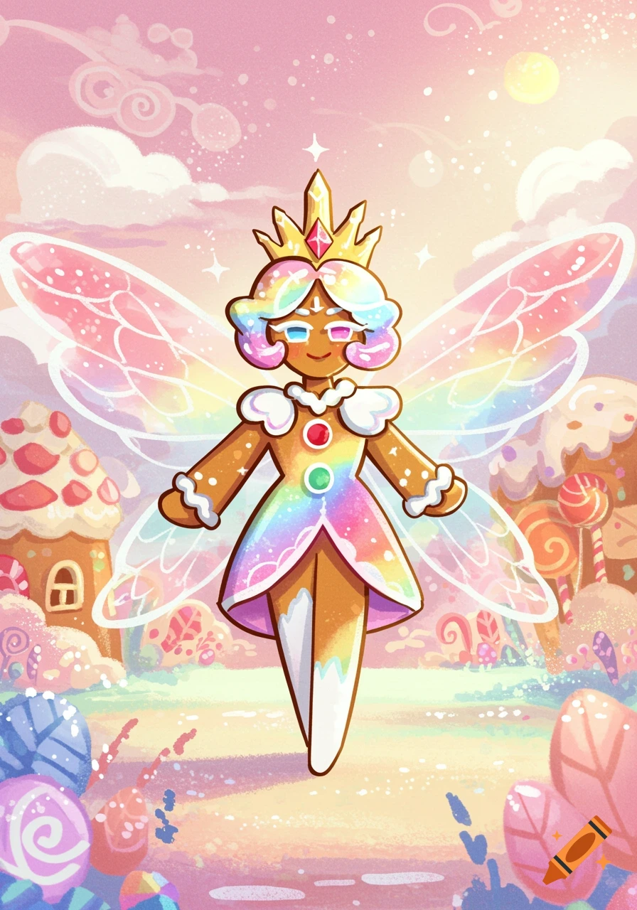 Rainbow gingerbread cookie character with iridescent wings and a crown in a whimsical candy-land setting.