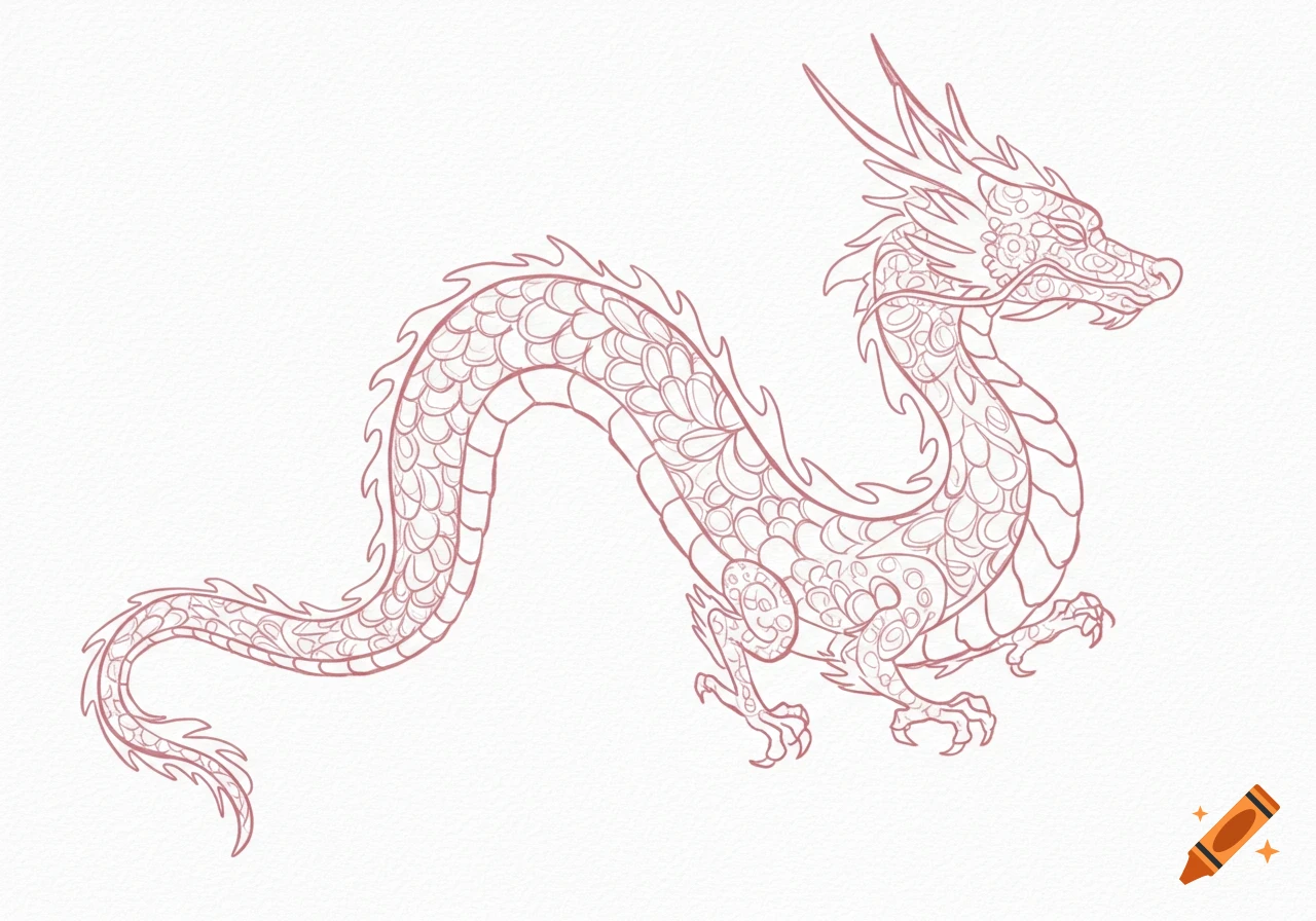 A light pink outline of a dragon with intricate patterns on a white background.
