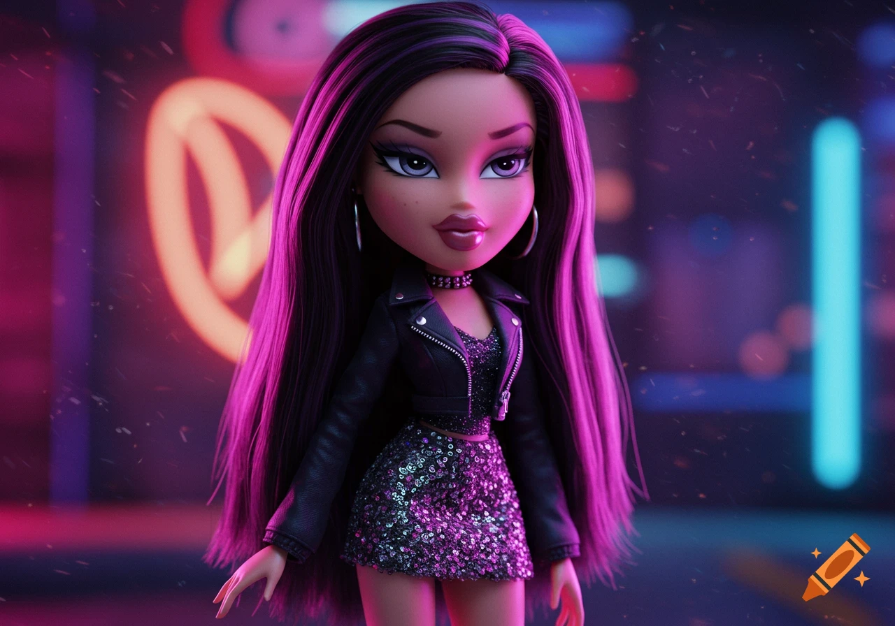 A Bratz doll with long black and purple hair, dressed in a black leather jacket and sequined skirt, stands in a neon-lit cityscape.