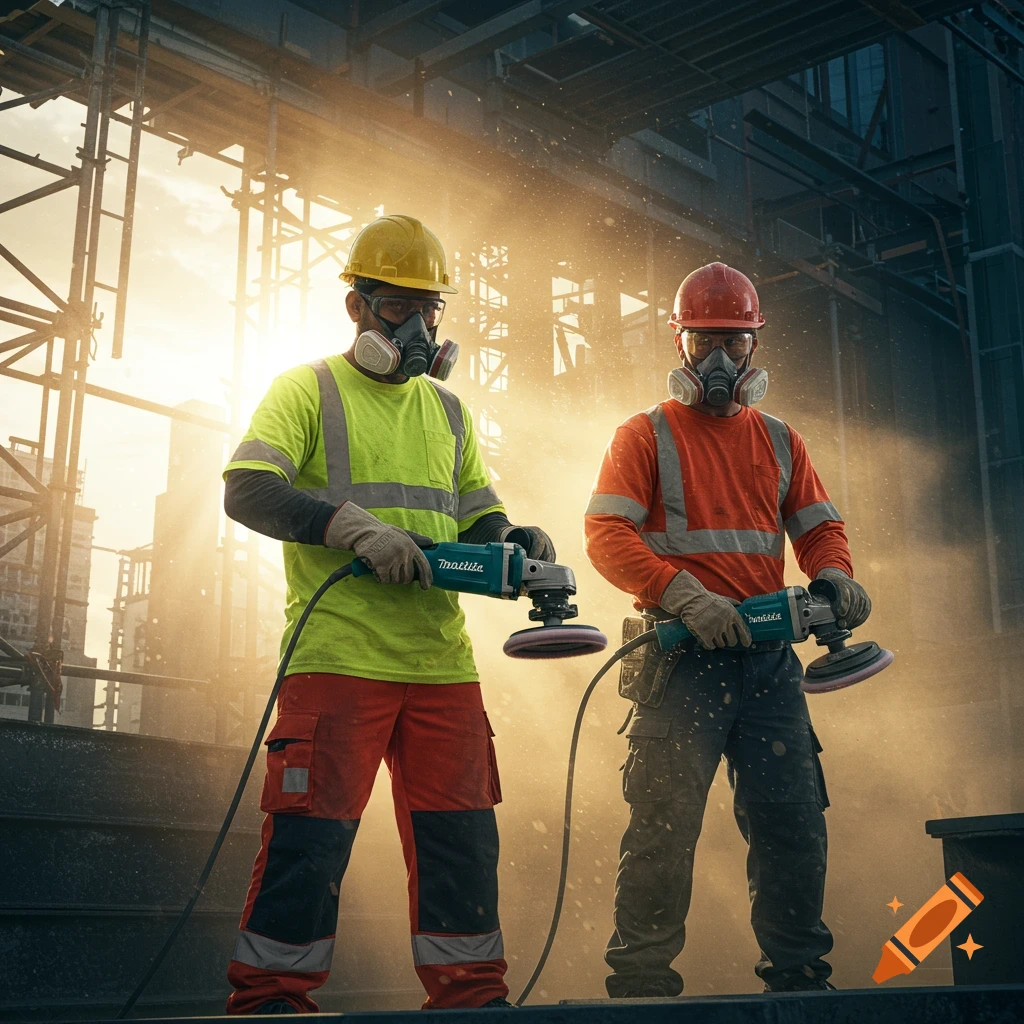 Two construction workers in respirators and high-vis gear hold power polishers on a dusty construction site with golden hour lighting.