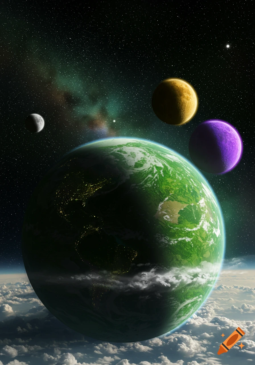 A large green planet with city lights, clouds, and three distinct moons in a star-filled galaxy.