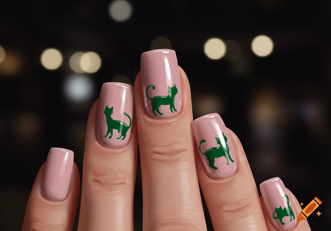 Close-up of fingers with pink nail polish, each nail featuring a green silhouette of a cat. Blurred lights in the background.