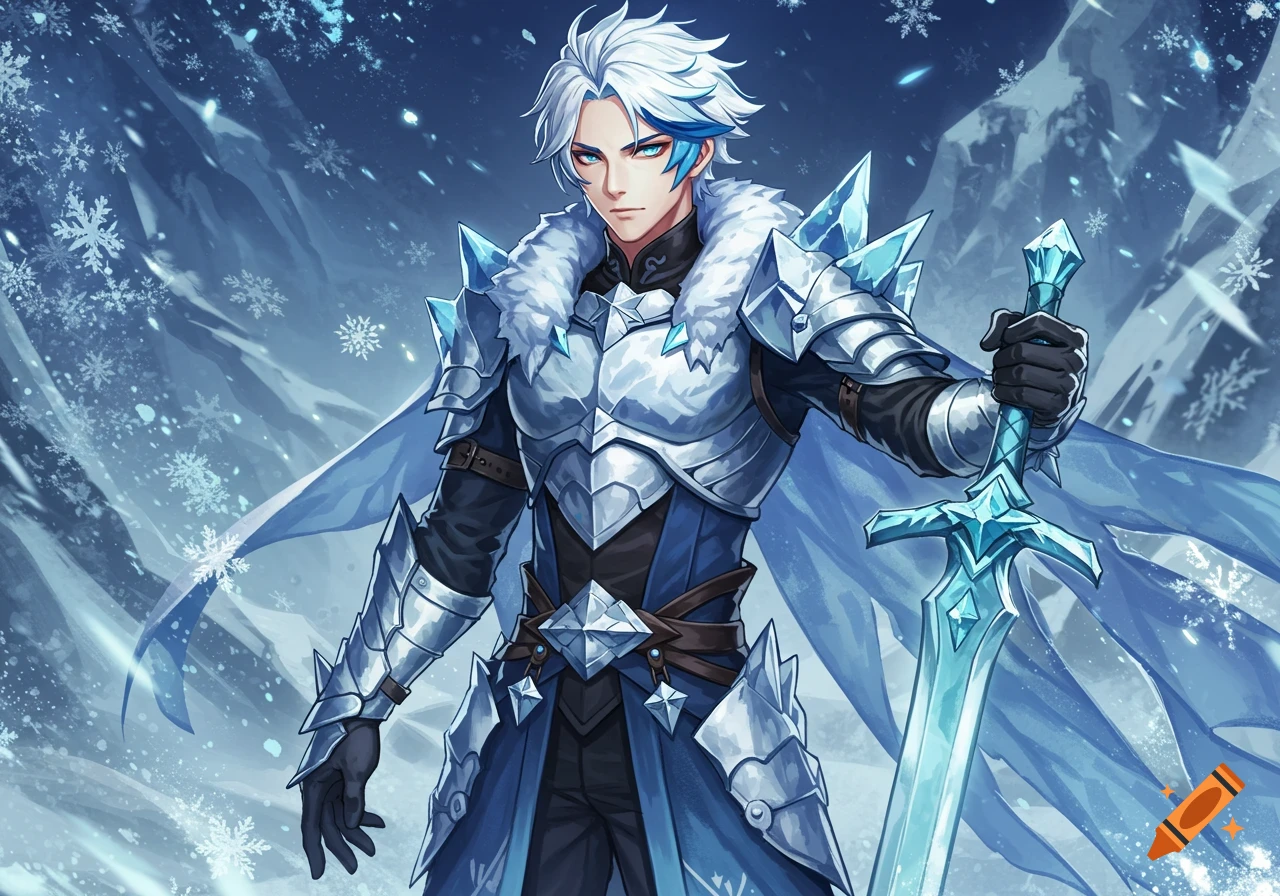 Anime male knight with white hair, blue streaks, icy silver armor, and blue cape, holding a glowing blue sword in a snowy landscape.
