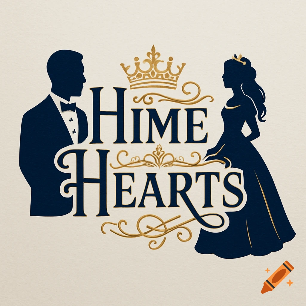 A logo featuring dark blue silhouettes of a man in a tuxedo and a woman in a ballgown, with gold text 'Hime Hearts' and crowns, on a light background.