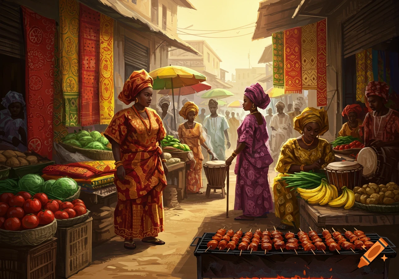 A vibrant outdoor market scene with people in traditional African attire, food stalls, and colorful fabrics hanging under a warm sky.
