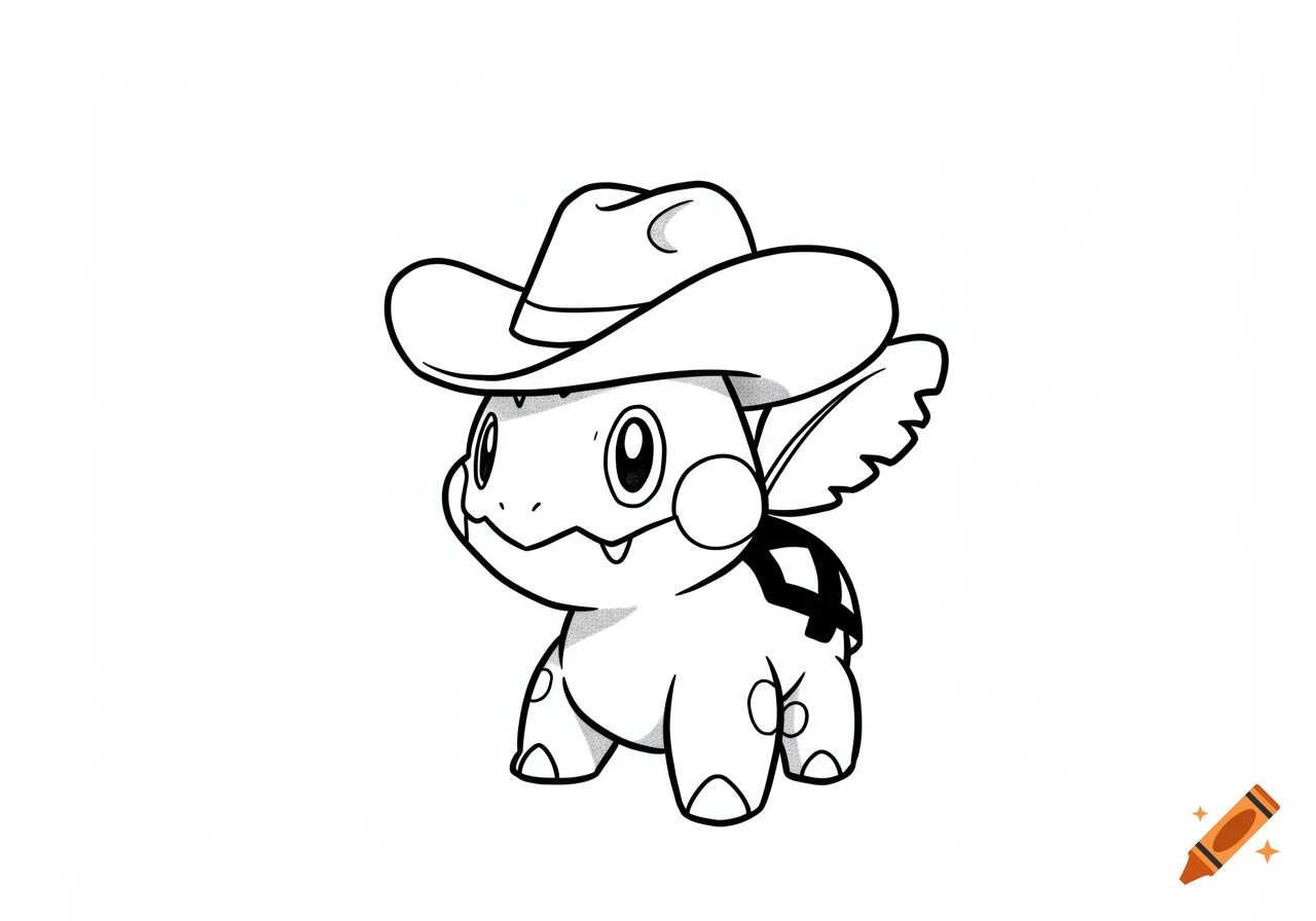 Black and white line art of a cute Turtwig from Pokemon wearing a cowboy hat, standing on a white background.