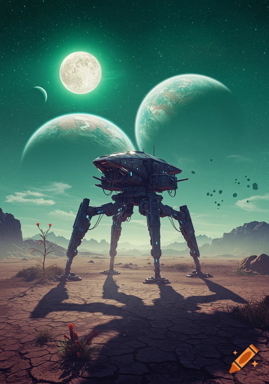 A photorealistic image of a large six-legged alien walker on a desolate planet with multiple moons and planets in a teal sky.