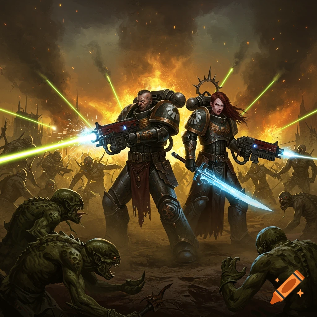 Two armored space marines, one male and one female, battle hordes of green-skinned aliens with laser guns and a glowing sword amidst fiery explosions.