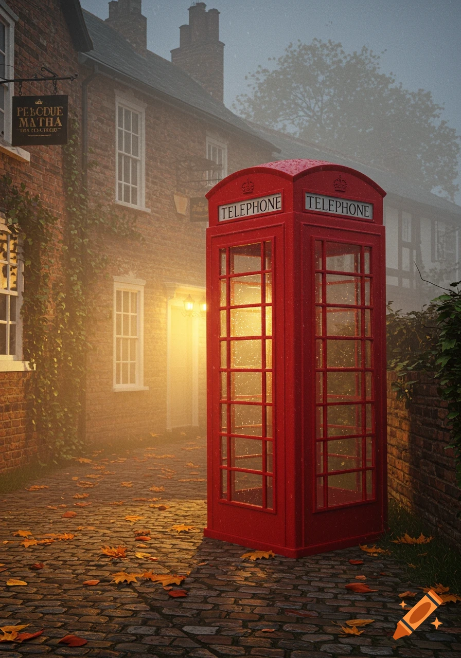 A red British telephone box on a cobblestone street with fallen leaves in front of an old brick building in the mist. Photorealistic style.