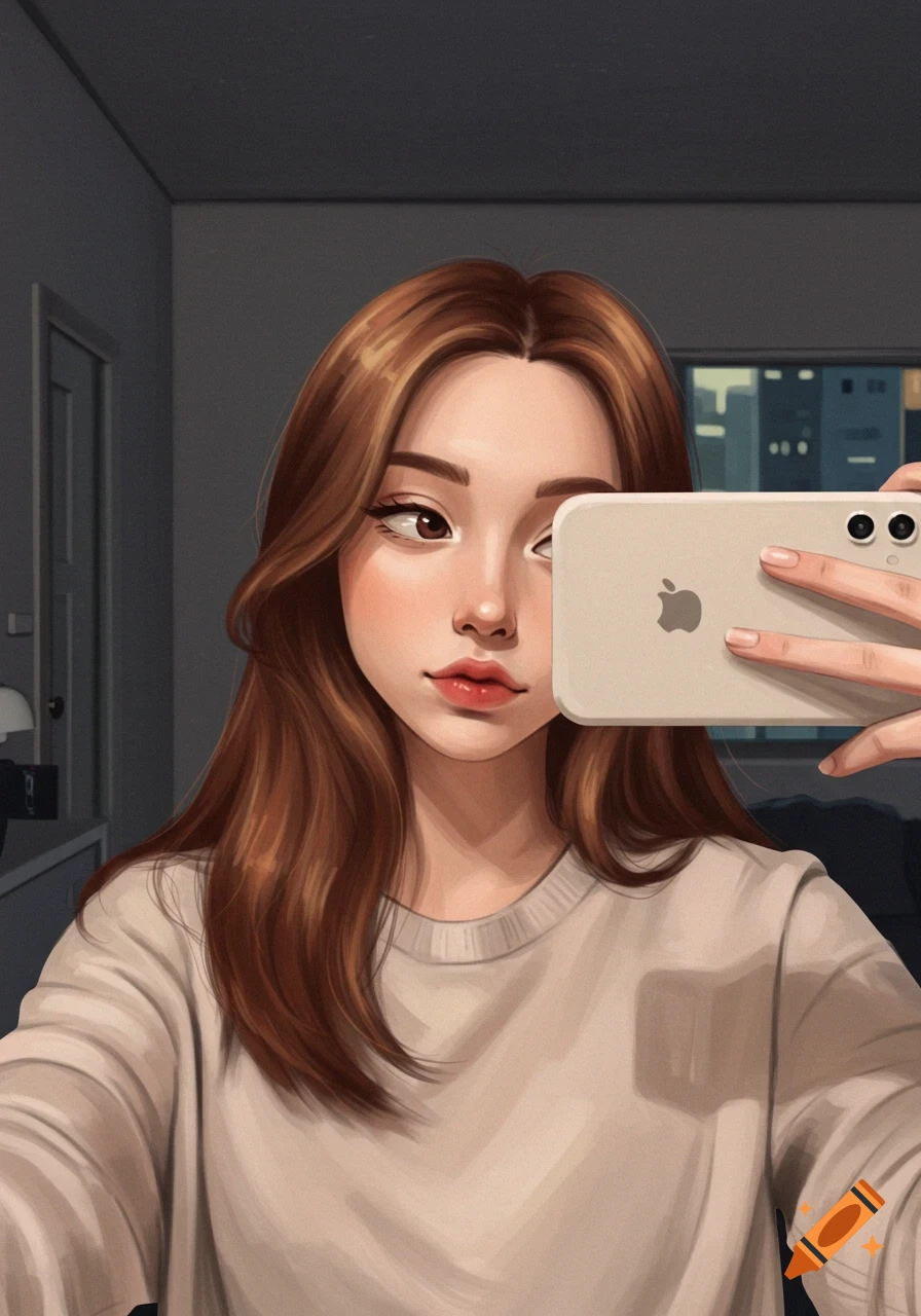 Stylized illustration of a girl with long brown hair taking a selfie with an iPhone.