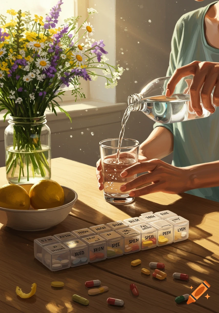 A person pours water into a glass next to a pill organizer, scattered pills, lemons, and a vase of wildflowers on a sunlit wooden table.