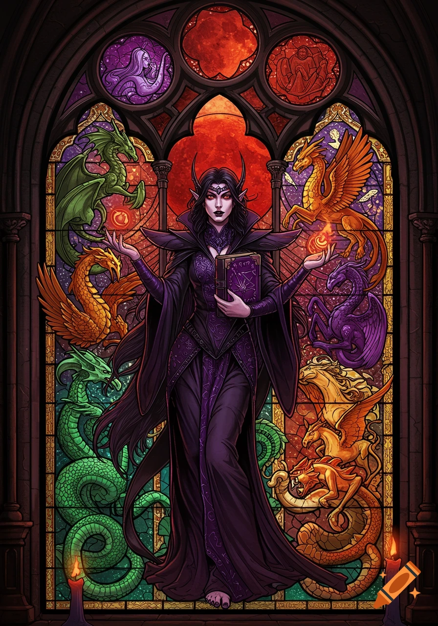 A powerful witch holding a dark book and glowing orbs, standing within an ornate stained glass window depicting mythic beasts and a red moon.