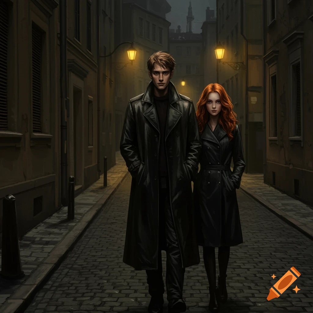A man and a woman in long black coats walk down a dimly lit cobblestone street lined with old buildings and glowing lanterns.