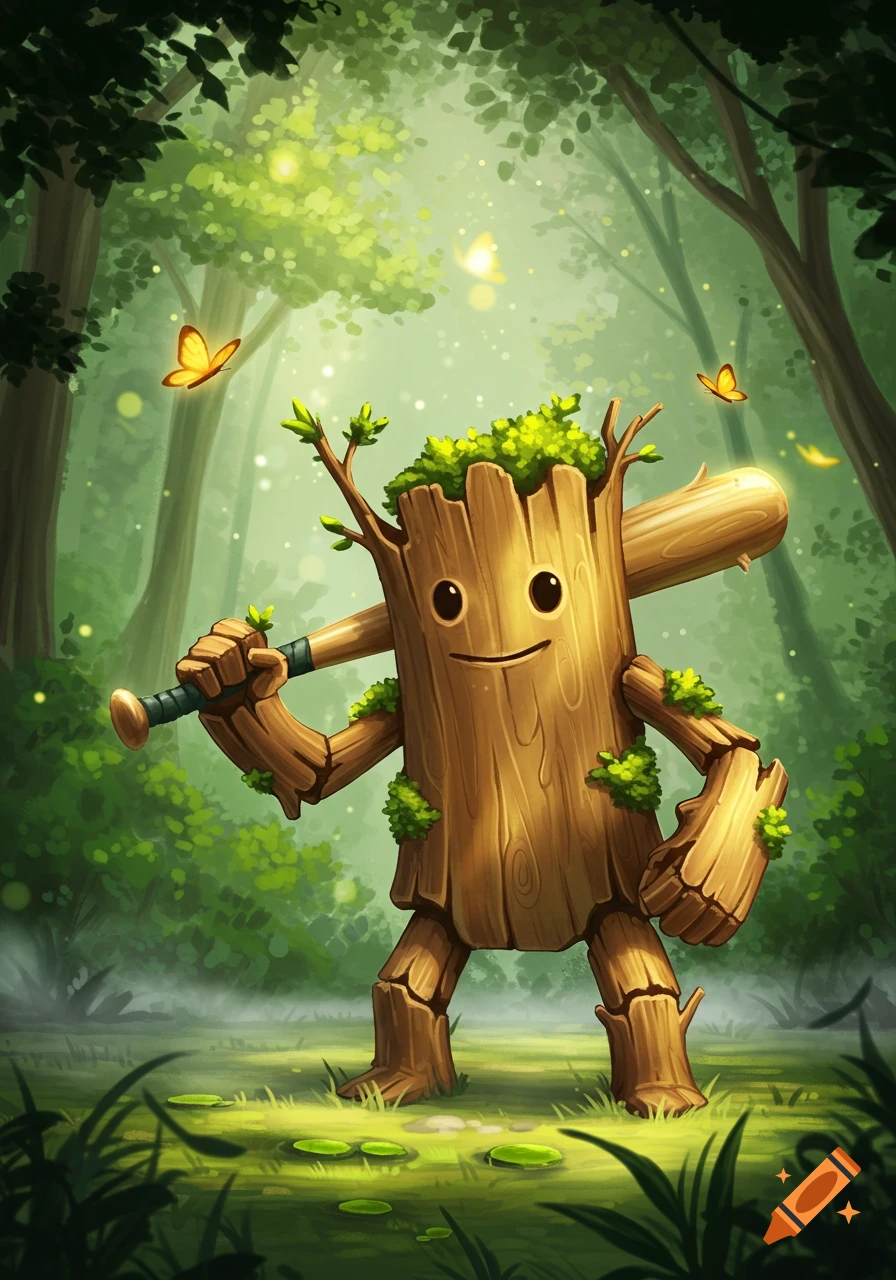 A cute wooden creature, like a walking log with a leafy head, holds a baseball bat in a magical forest with glowing butterflies.