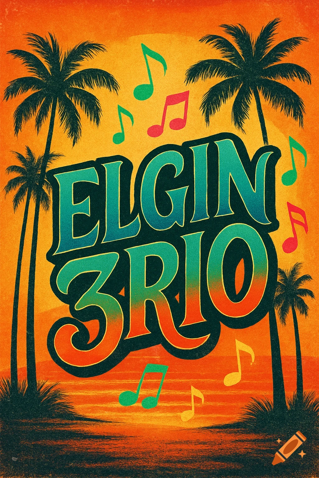 Vintage-style band poster for 'ELGIN 3RIO' with palm trees and colorful music notes against an orange sunset background.