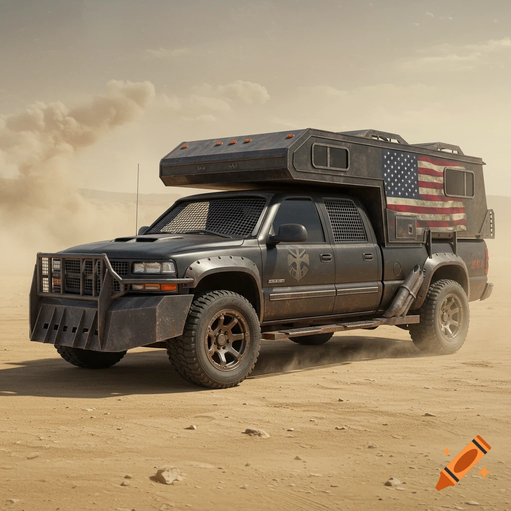 A heavily armored black Chevy pickup truck with a camper bed, an American flag on the side, and a large bull nose bumper, driving through a dusty desert.