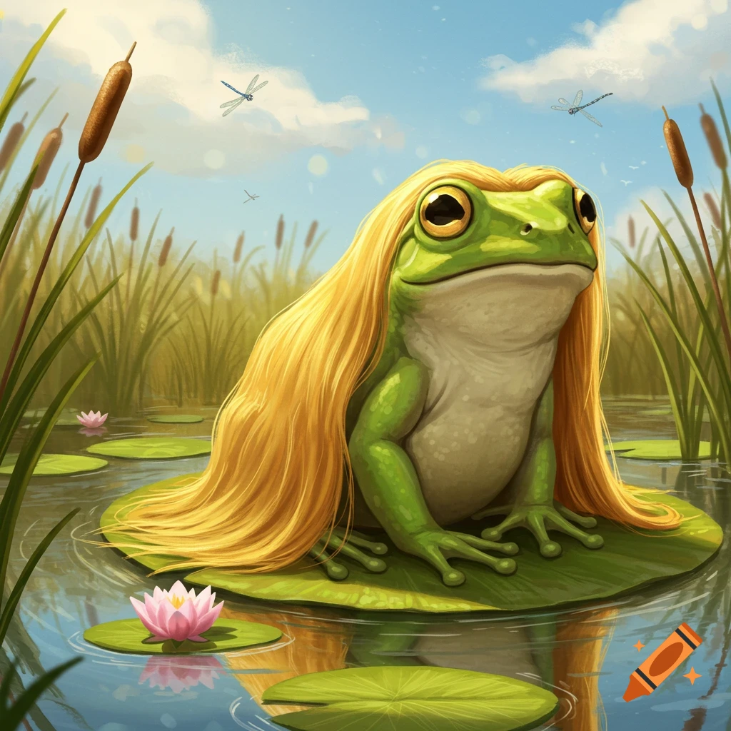 Illustration of a frog with long blonde hair sitting on a lily pad in a pond with cattails.