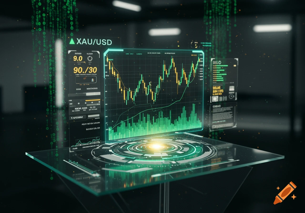A glowing holographic display shows financial charts and data on a transparent surface, with green binary code in the background.