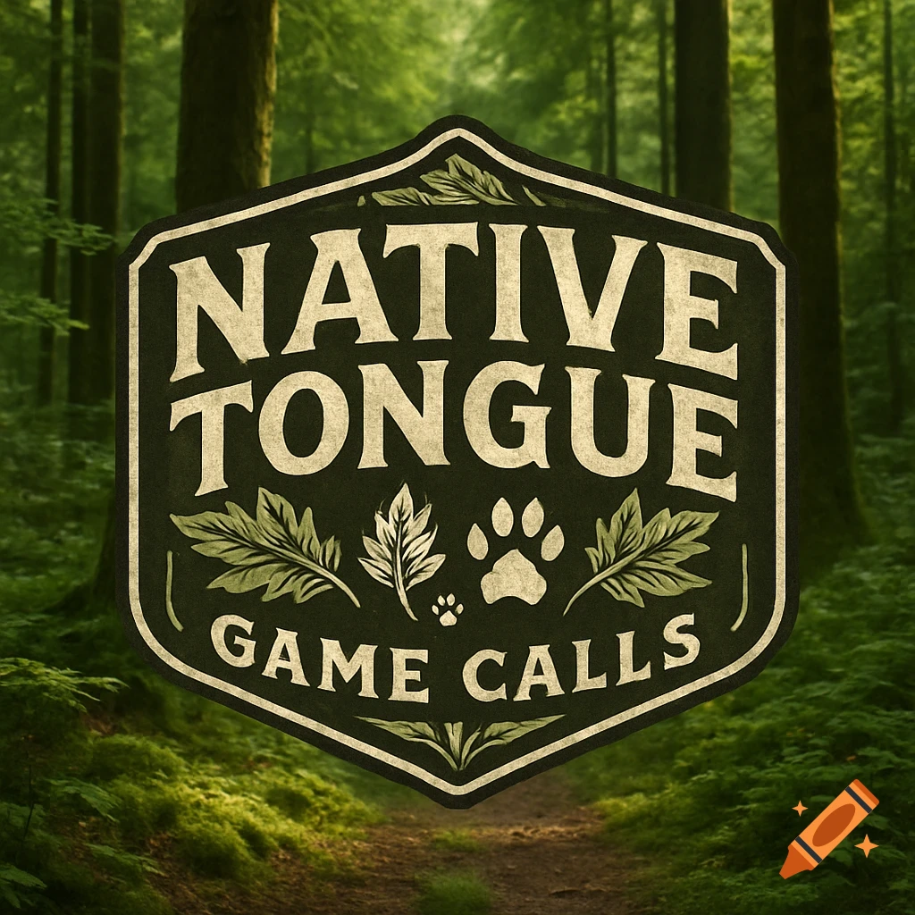 A vintage-style logo for Native Tongue Game Calls with leaves and a paw print, set against a blurred green forest background.