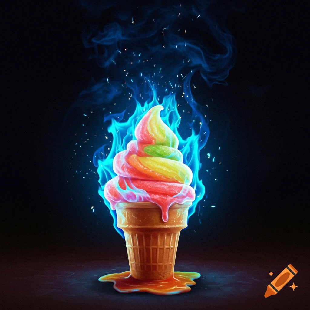 A vibrant, melting rainbow ice cream cone with bright blue flames rising from it on a dark background.