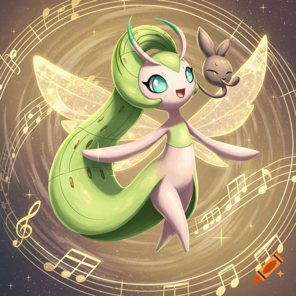 A pink and green fairy-like Pokémon with long green hair and golden wings floats amidst golden musical staffs and notes, with a small dark creature.