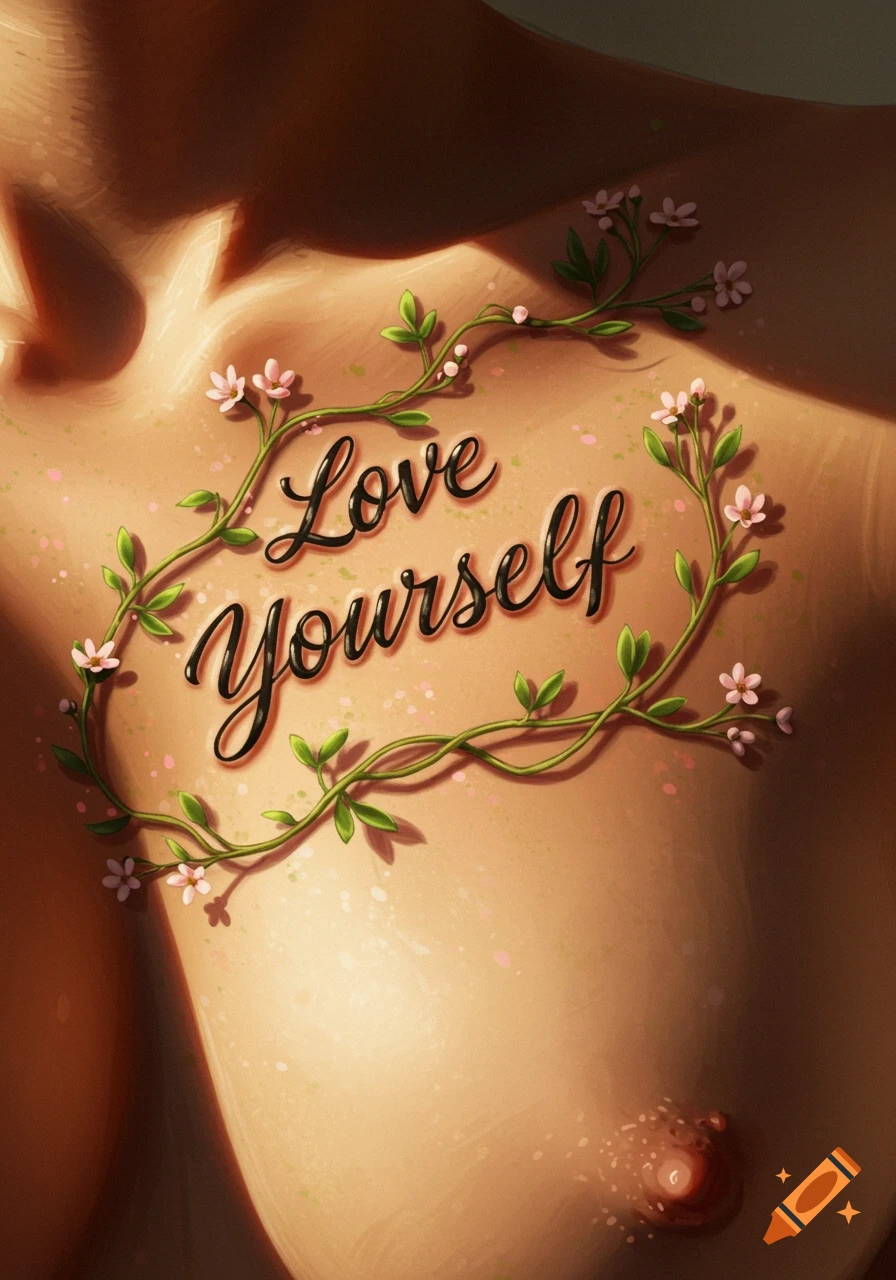 A close-up of a chest with a tattoo of 'Love yourself' in cursive, framed by green vines and small pink flowers.