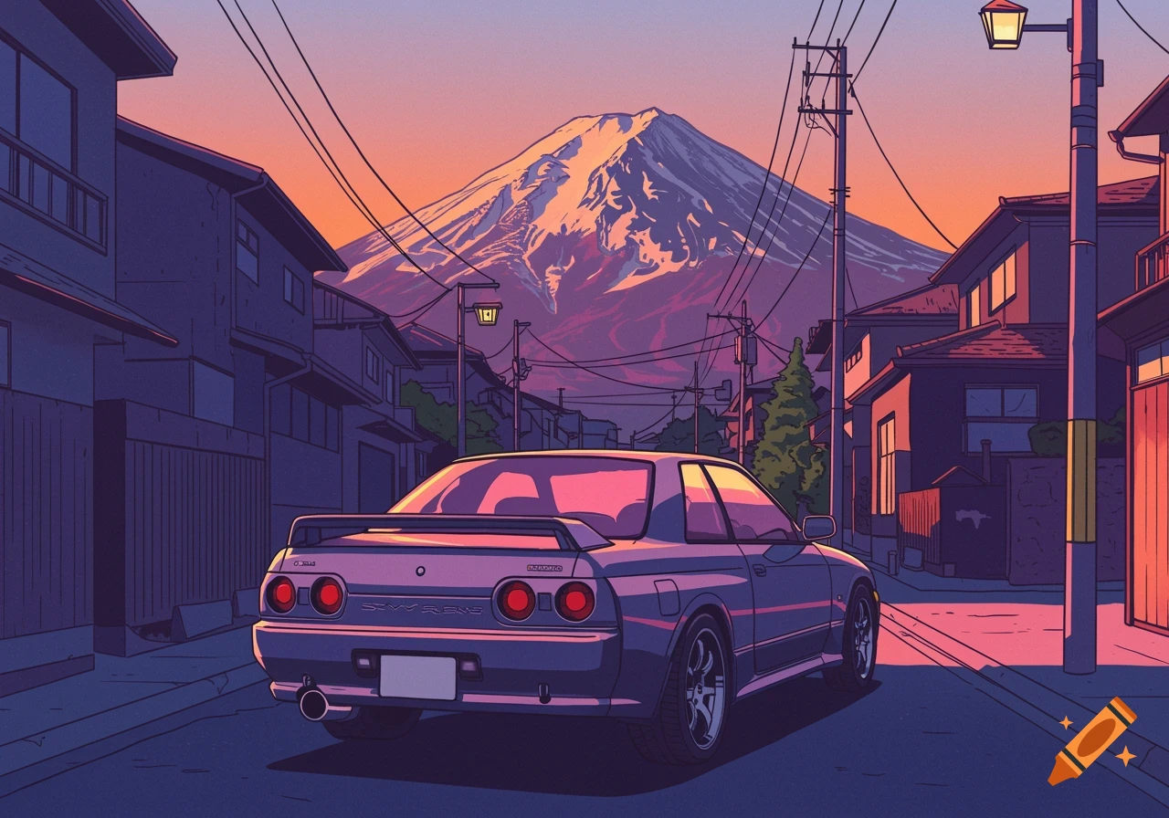 A stylized purple Nissan Skyline R32 seen from the rear on a narrow Japanese street with Mt. Fuji in the background at dusk, in a pop art style.