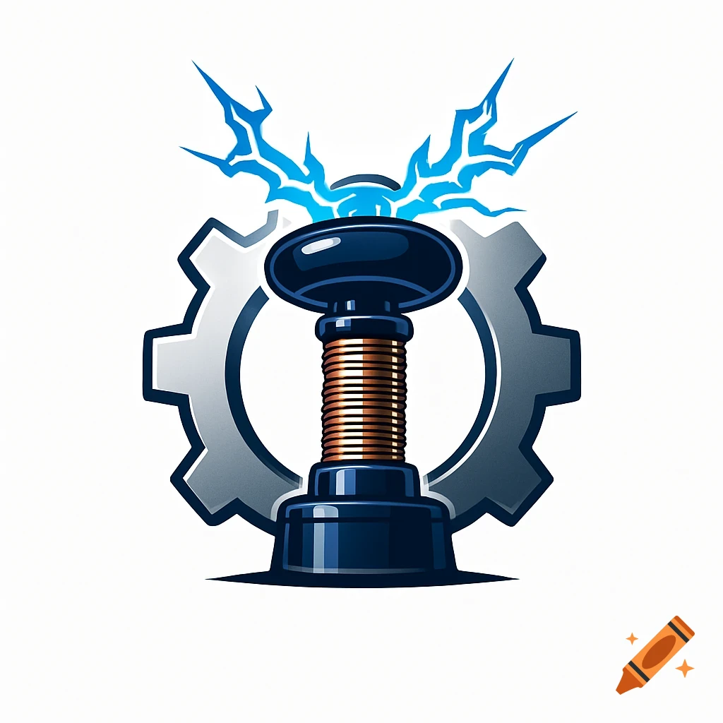 Stylized illustration of a Tesla coil with blue lightning in front of a gray gear, designed as a logo.