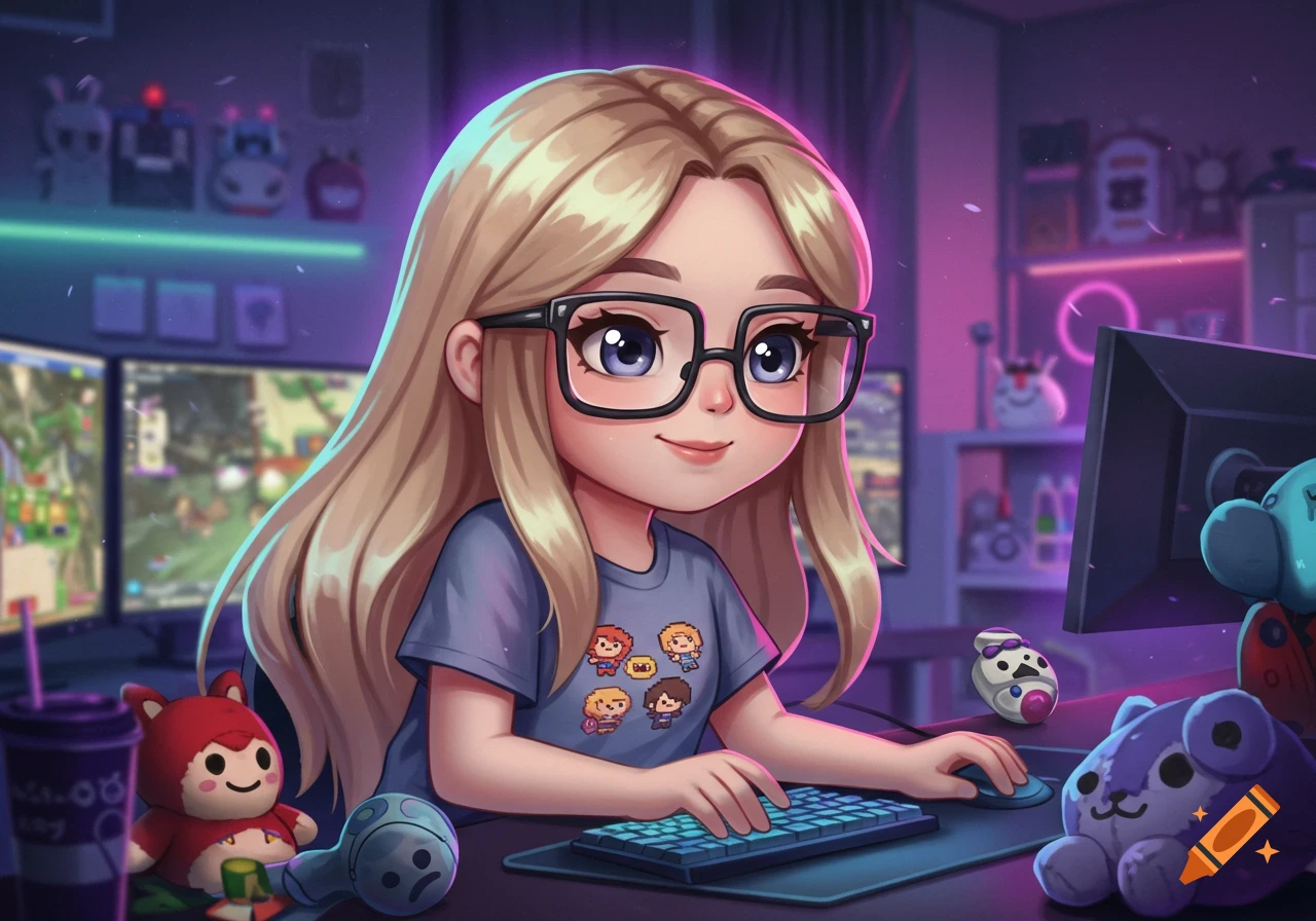 A cute cartoon gamer girl with long blonde hair and square glasses playing video games in a neon-lit room.