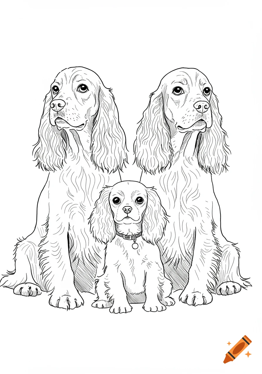 A line drawing of two cocker spaniels and one smaller cavalier dog sitting together.
