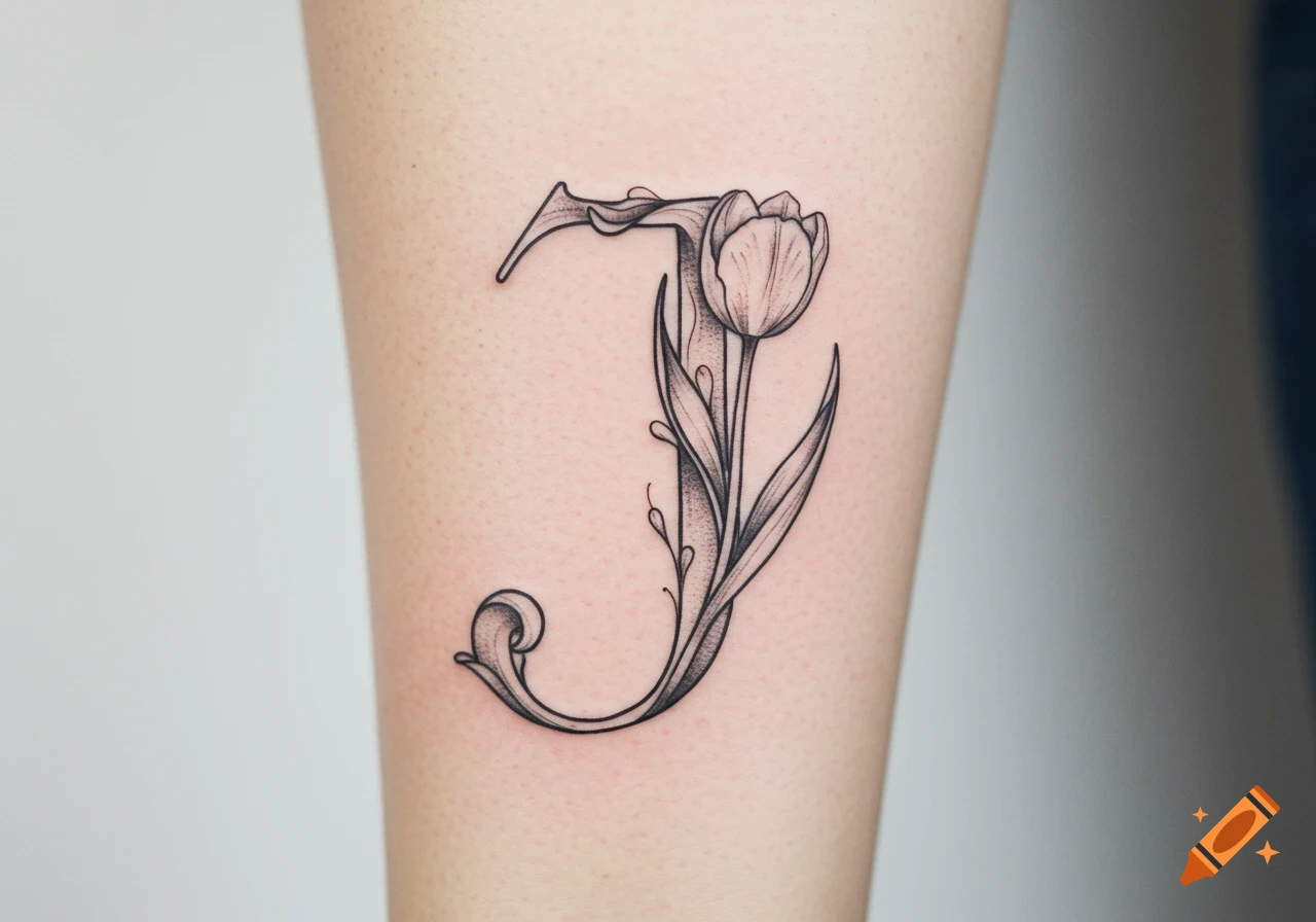 Elegant black and grey tattoo of a capital letter J combined with a tulip flower on skin.