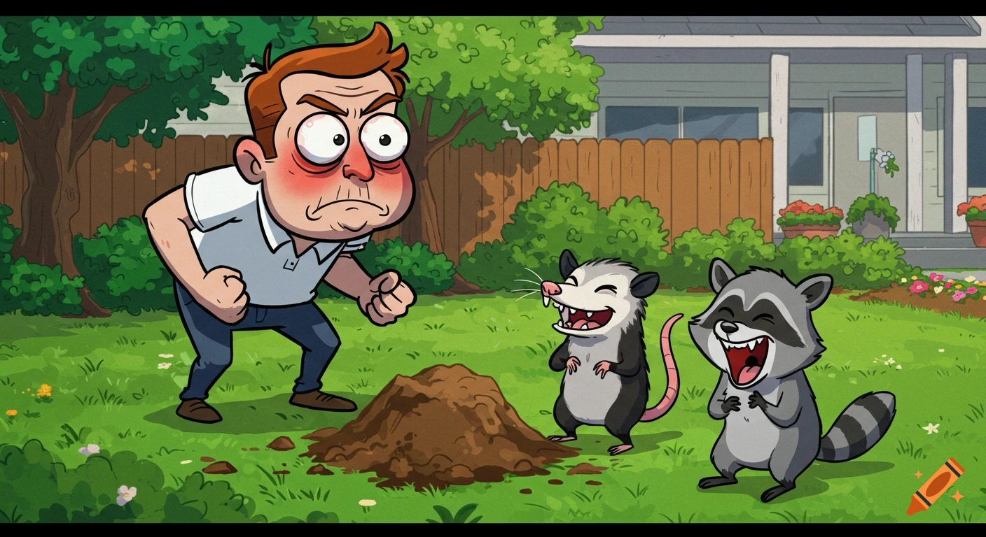 Angry cartoon man glares at a dirt mound as an opossum and a raccoon laugh on a bright green suburban lawn.